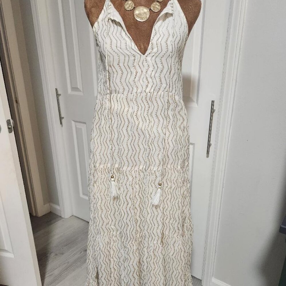 OLIPHANT Anthropologie Tiered Tassel Geometric Sleeveless Maxi Dress Sz XS